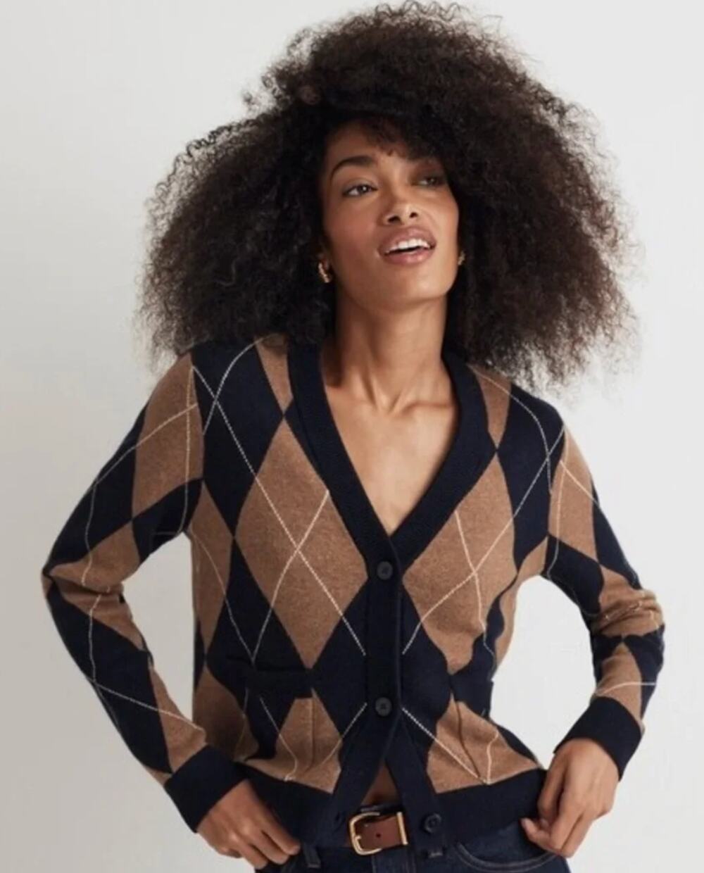 KULE The Twiggy Argyle Cardigan in Navy & Brown Size Medium Preppy